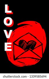 Vector Illustration Poster of Heart Shape with Red Japanese Style and "Love" Text. Graphic Design for Shirt, Template, Layout, Background, and More.