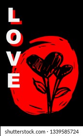 Vector Illustration Poster of Heart Shape with Red Japanese Style and "Love" Text. Graphic Design for Shirt, Template, Layout, Background, and More.