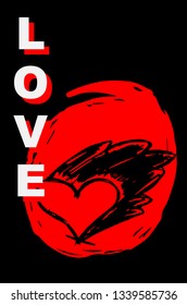 Vector Illustration Poster of Heart Shape with Red Japanese Style and "Love" Text. Graphic Design for Shirt, Template, Layout, Background, and More.