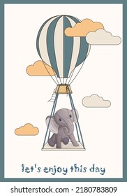 Vektorgrafik eines Posters mit einem Heißluftballon, einem Elefanten und Wolken im Cartoon-Stil. Handgezeichnete Illustration für Kinderzimmer Design, Postkartendekoration, Cover, Buch, Plakatdesign.