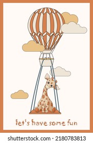 Vector illustration of a poster with a hot air balloon, an giraffe and clouds in a cartoon style. Hand- drawn illustration for kids rooms design, postcard decoration, cover, book, poster design.