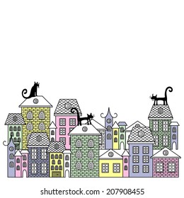 Vector illustration poster with houses, cat, stars, moon. Old colorful buildings in city. A cartoon style street vector illustration with brownstone houses.  Cats on roofs in cute town.