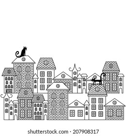 Vector illustration poster with houses and cats..Old buildings in city. A cartoon style street vector illustration with brownstone houses.  Cats on roofs in cute town.