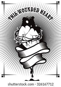 vector illustration poster with a human heart in a crown of thorns as a symbol or a design element in black and white