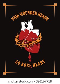 vector illustration poster with a human heart in a crown of thorns as a symbol or a design element on a black background