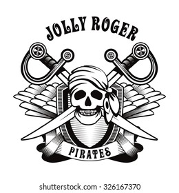 vector illustration poster with a human skull in a bandanna and earring emblem with wings on a white background