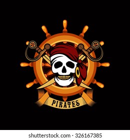afiche ilustrativo vectorial con cráneo humano en un emblema marino de casco de fondo Jolly Roger sobre fondo negro