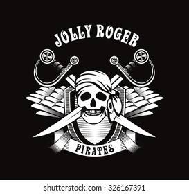 vector illustration poster with a human skull in a bandanna and earring emblem with wings