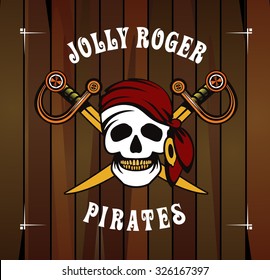vector illustration poster with a human skull on a background of the wheel Jolly Roger Marine emblem on the wooden background