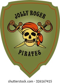 vector illustration poster with a human skull in a bandanna and earring crossed sabers on the arms of the star with rays