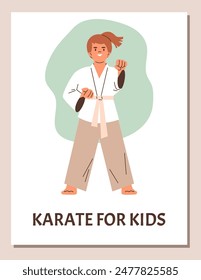 Vector illustration of a poster with an image of a smiling girl in a kimono, with a white belt, standing in a karate stance. Martial arts flyer in flat style with text space.