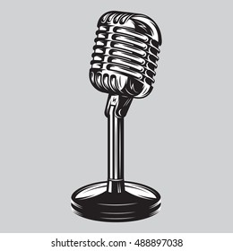 Vector illustration, poster of isolated retro, vintage microphone on the table