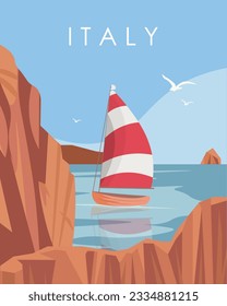 Vector illustration. Poster Italy, sea, yacht, seagulls. Design for poster, banner, postcard. Tourism.