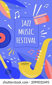 afiche de ilustración vectorial para el festival de música jazz. una variedad de instrumentos musicales, partituras, inscripciones. afiche de estilo plano