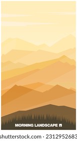 Vector illustration. Poster landscape. Mountain air filled with sunlight. Many rocks and slopes of mountain ranges.
