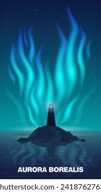 Vector illustration. Poster landscape. The nature of the north. A lonely lighthouse shines in the distant sea. An island in the night ocean. The glow of the aurora in the night sky. Background.