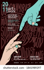 Vector illustration. Poster with layout of text. illustration of hands and text about coronavirus in the background.