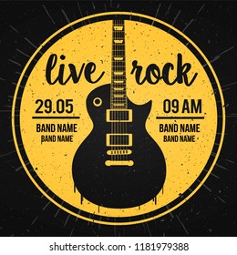 Vector Illustration poster for a live rock music festival with guitar and inscription in retro style. Template for flyers, banners, invitations, brochures and covers.