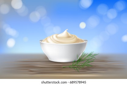 Vector illustration. poster with mayonnaise, sour cream, sauce, sweet cream, yogurt, swirling in a white bowl on a wooden table, in realistic style. Template, design element