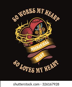 vector illustration poster with mechanical heart with lots of metal parts in steel wire spines on a black background