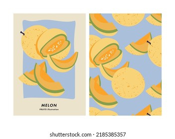 Vector illustration poster with melon fruit. Art for postcards, wall art, banner, background. Seamless pattern