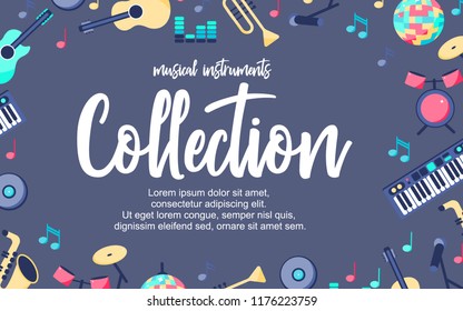 Vector Illustration. Poster with musical instruments on grey blue background. Musical intstuments collection with additional place for text. Background for design