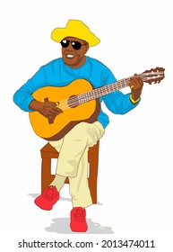 Vector illustration for poster. Musical player. Poster for concert, school, party. Jazz music festival banner poster illustration vector. Music school. Old man playing guitar. 