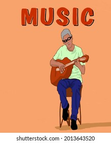 Vector illustration for poster. Musical player. Poster for concert, school, party. Jazz music festival banner poster illustration vector. Music school. Old man playing guitar. 