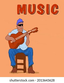 Vector illustration for poster. Musical player. Poster for concert, school, party. Jazz music festival banner poster illustration vector. Music school. Old man playing guitar. 