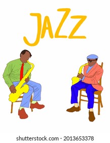 Vector illustration for poster. Musical players. Music band. Poster for concert, school, party. Jazz music festival banner poster illustration vector. Music school. Men playing saxophone. 