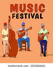 Vector illustration for poster. Musical players. Music band. Poster for concert, school, party. Jazz music festival banner poster illustration vector. Music school. Men playing guitar and double bass.