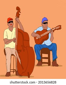 Vector illustration for poster. Musical players. Music band. Poster for concert, school, party. Jazz music festival banner poster illustration vector. Music school. Men playing guitar and double bass.