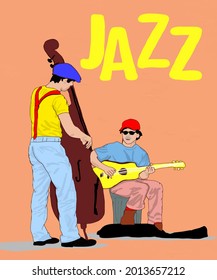 Vector illustration for poster. Musical players. Music band. Poster for concert, school, party. Jazz music festival banner poster vector. Music school. Men playing on guitar and double bass