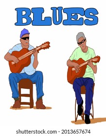 Vector illustration for poster. Musical players. Music band. Poster for concert, school, party. Jazz music festival banner poster illustration vector. Music school. Men playing guitar. Blues. 