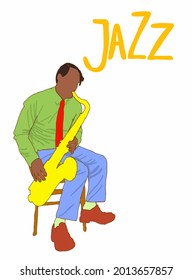 Vector illustration for poster. Musical players. Poster for concert, school, party. Jazz music festival banner poster illustration vector. Music school. Man playing on saxophone. 