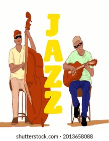 Vector illustration for poster. Musical players. Music band. Poster for concert, school, party. Jazz music festival banner poster vector. Music school. Men playing on guitar and double bass