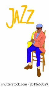 Vector illustration for poster. Musical players. Poster for concert, school, party. Jazz music festival banner poster illustration vector. Music school. Man playing on saxophone. 