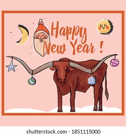 vector illustration, poster for the new year of the bull. Symbol of the year with New Year's attributes and Christmas tree decorations. Calligraphic inscription.