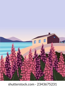 Vector illustration. Poster New Zealand. Slope, mountains, flowers, house. Village. Design for cover, print, design for poster, banner, travel guide.