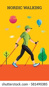 Vector illustration poster with Nordic Walking. The flat illustration of sport hiking man.