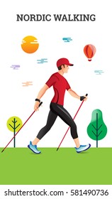 Vector illustration poster with Nordic Walking. The flat illustration of sport hiking man.