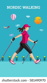 Vector illustration poster with Nordic Walking. The flat illustration of sport hiking woman.