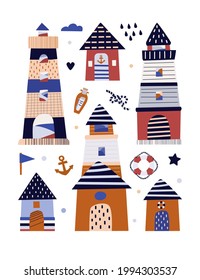 Vector illustration. Poster on the marine theme. Sailboat on the waves sailor's hat, anchor. Lifebuoy. Pastel shades. For the interior. Wall design.