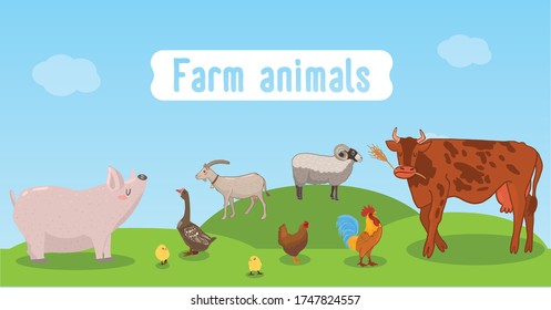 vector illustration, poster on the theme of life on the farm. Pasture for animals. Agriculture and farming. Organic food. Happy Pets