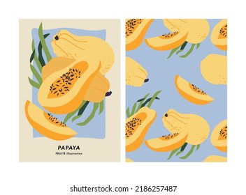 Vector illustration poster with papaya fruit. Art for postcards, wall art, banner, background. Seamless pattern