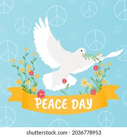 Vector illustration. Poster for peace day with dove and flowers