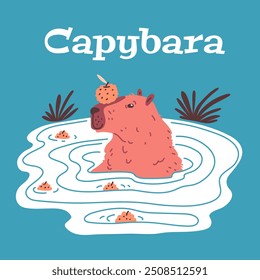 Vector illustration of a poster with a picture of a capybara swimming in water with oranges. Cute character holding an orange on his nose. Flyer design in flat style with space for text.