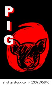 Vector Illustration Poster of Pig Animal with Red Japanese Style and "Pig" Text. Graphic Design for Shirt, Template, Layout, Background, and More.
