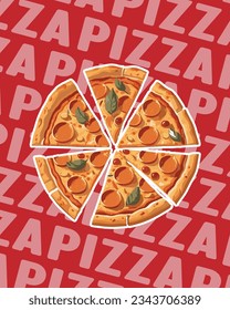Cartel de ilustración vectorial de una pizza. Cartel de la tienda de comida rápida. Carteles para promociones, descuentos y descuentos.
