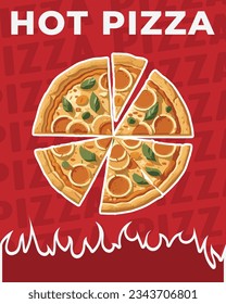 Cartel de ilustración vectorial de una pizza. Cartel de la tienda de comida rápida. Carteles para promociones, descuentos y descuentos.